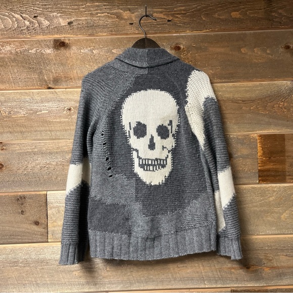 Skull Cashmere Chunky Knit Button Cardigan Sweater Colorblock Gray Oversized XS - Picture 2 of 13